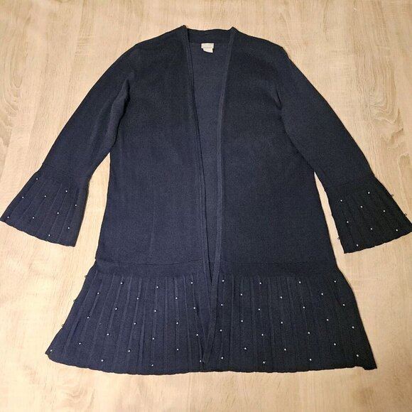 Chicos Size 1 Us Medium Navy Blue Beaded Open Front Cardigan Sweater - Picture 1 of 7